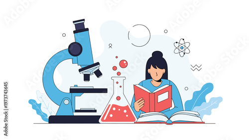 Young female student studying science with a large microscope, books, and laboratory flask for chemistry research.
