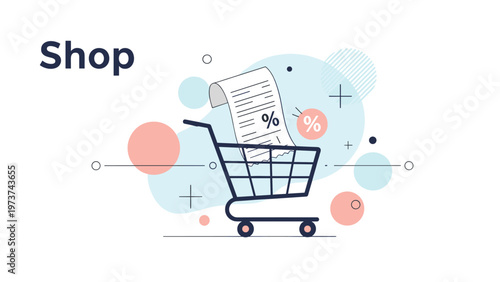 Online shopping and e-commerce concept featuring a shopping cart with a discount receipt and percentage symbols.