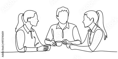 A continuous line drawing of three friends sitting at a table together while having a conversation