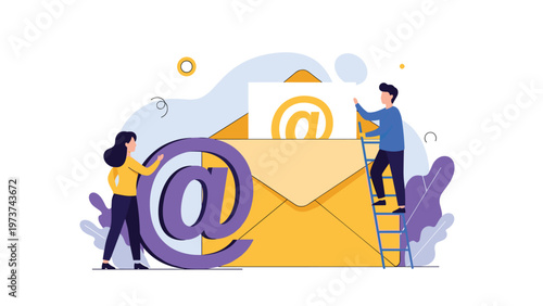 Team of people working on email communication by placing a large symbol in an envelope for social networking.