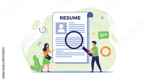 Human resources professionals reviewing a resume with a magnifying glass to find the best candidate for a new job.