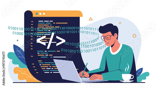 Young man writing software code on a laptop while drinking coffee in a creative workspace with binary data streams.
