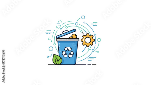 Blue recycling bin with lid open featuring green leaves and a gear to represent environmental engineering and sustainable waste management.