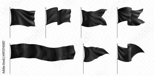 Black flags and pennants on poles mockup