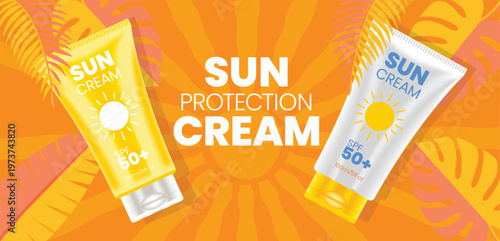 Summer sun protection cream realistic 3d render tubes for social media cover header and website banner design with tropical leaves,  marketing and promotion banner on summer background design