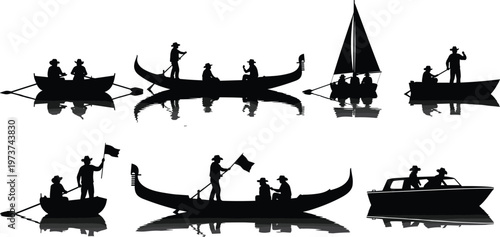 Boat silhouette illustrations, watercraft reflection artwork, rowing sailing design collection, black white figure set, stylized nautical profiles