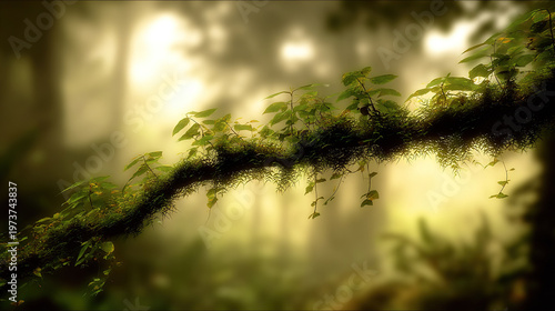 Moss-covered branch with dappled light in a lush forest