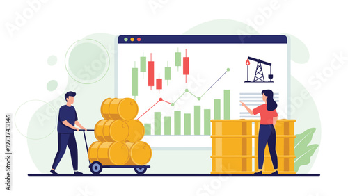 Oil industry trading concept with workers moving barrels in front of a stock market chart showing fluctuating energy prices.