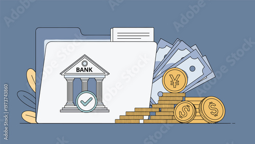 White file folder with a bank building icon surrounded by paper money and stacks of coins illustrating financial services.