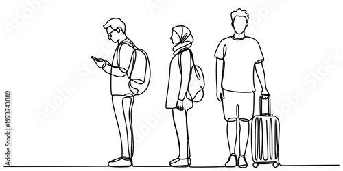 A minimalist single line drawing of three diverse travelers standing in a queue at the airport