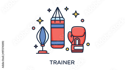 Boxing training equipment featuring a red punching bag a speed ball and a boxing glove illustrating fitness and sports activity.