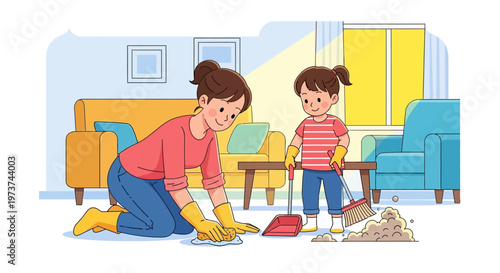 Woman and child cleaning floor together.