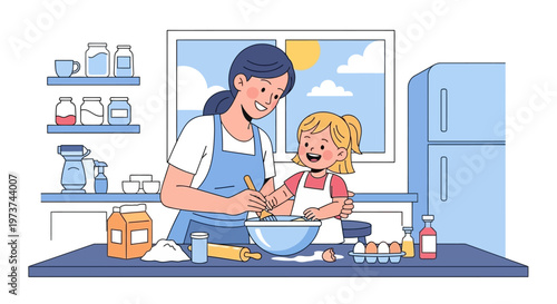 Woman and child baking together sweetly.