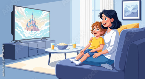 Woman and child on sofa watching TV.