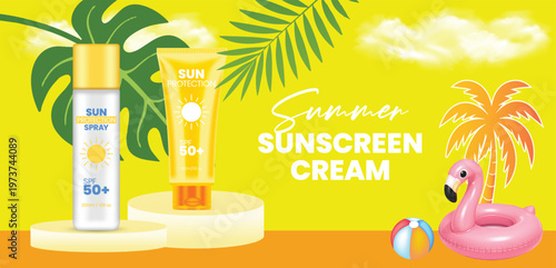Summer sunscreen cream banner and spray bottle for spf 50 plus uv protection, cosmetic packaging with tropical leaves, flamingo float on summer background, social media promotion banner for skincare