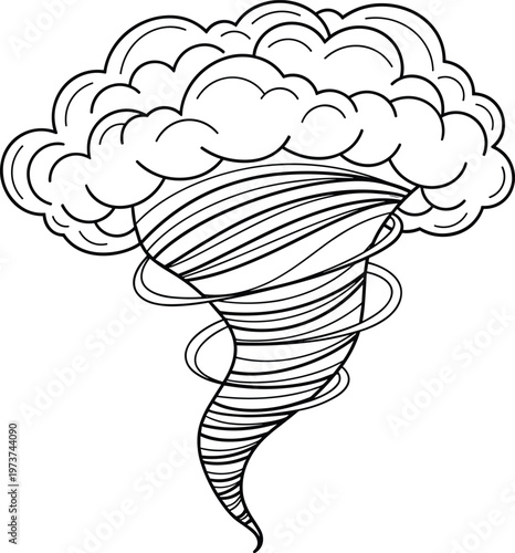 Tornado illustration artwork, storm funnel design, weather disaster collection, black white line drawing set, stylized cyclone profiles