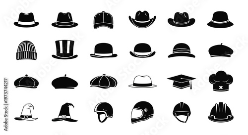 Collection of various hats and headwear on white background including fedoras cowboy hats bowlers and helmets