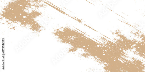 An abstract grunge background featuring a textured brown paint pattern with liquid coffee splashes and powder drops on old paper art