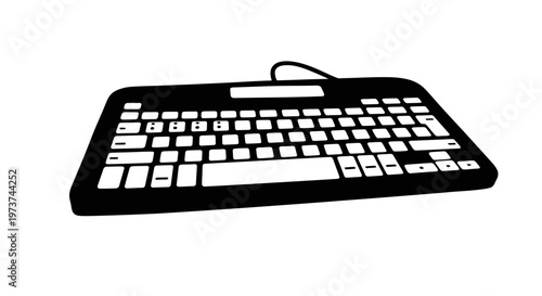 Black computer keyboard with white keys on plain background for design and technology concepts