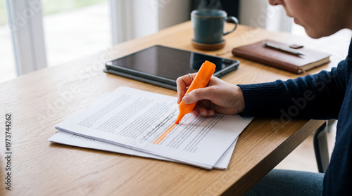Person Highlighting Document Text With Orange Marker At Desk For Study Or Work Concepts