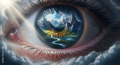 A surreal artistic close up of a human eye reflecting a colorful landscape within the dark pupil