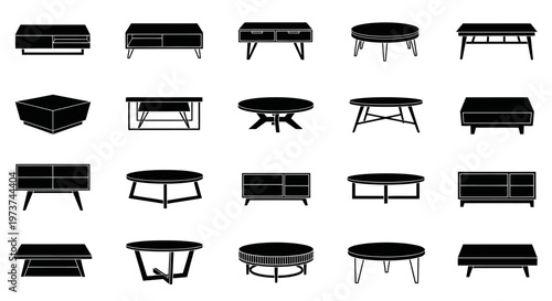 Collection of various black furniture silhouettes including sofas coffee tables and desks on white background