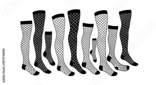Collection of black and white fishnet stockings on plain background for fashion and clothing concepts