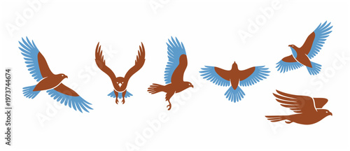 Eagle flying logo icon set, brown and blue flat bird silhouettes in various poses, majestic raptor hawk graphics for branding identity, power and freedom concept illustration isolated on white backgro