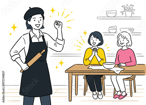 Cooking class scene with chef teaching students baking and food preparation happy learning kitchen vector illustration