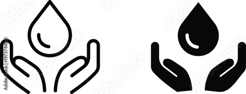 Minimalist water drop in hands icon set, black outline and solid liquid droplet symbols, environmental conservation and ecology vector graphics