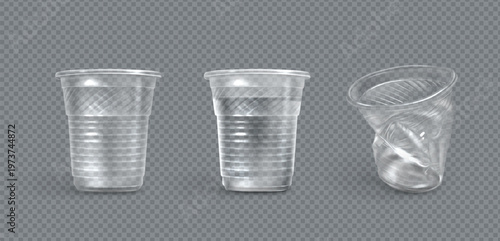 Plastic cups, crumpled and full of water mugs