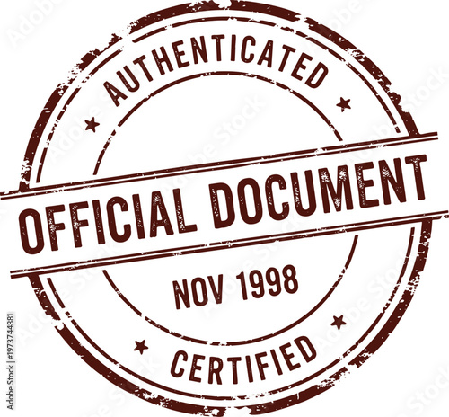 Vintage grunge style red rubber stamp imprint with text 'official document certified authenticated nov 1998' on a transparent background conveying authority approval and historical