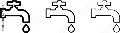 Minimalist water tap icon set with dripping droplet, black outline faucet vector symbols, plumbing and utility line art collection