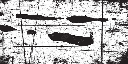 Black and white grunge distressed texture overlay with horizontal and vertical scratches, ink splatters, and noisy weathered effect
