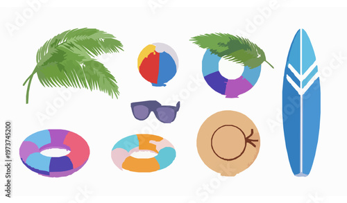 Tropical summer beach objects 3D vector collection with palm leaves surfboard and vacation accessories isolated on white