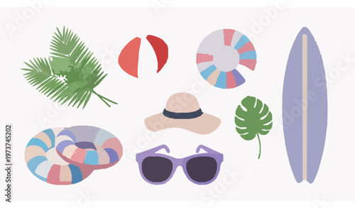 Modern tropical beach essentials vector set with palm leaves inflatable rings and surfboard summer illustration