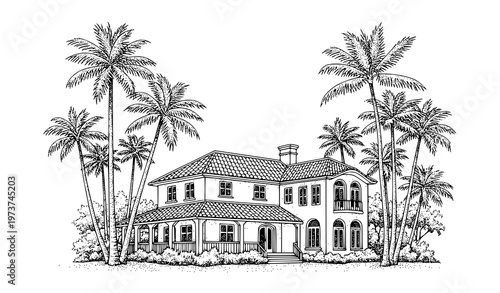Retro stippling tropical house vector illustration with palm trees monochrome architectural villa isolated