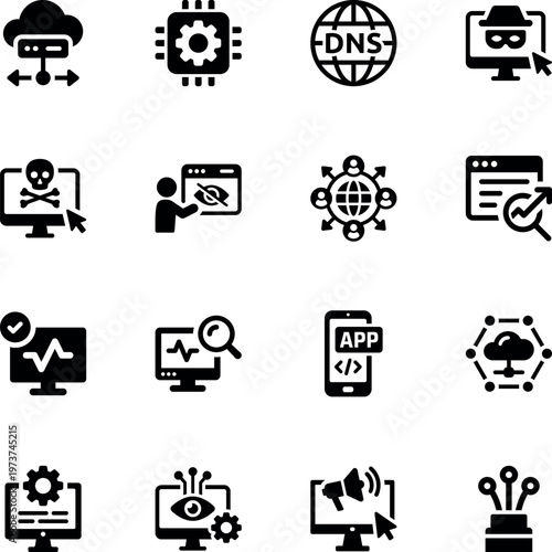 Cyber security and networking technology icon set, hacker, virus, DNS, cloud, processor, analytics, mobile app, privacy