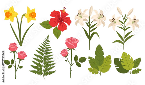 Modern spring flower and botanical leaf vector set in flat vibrant style for seasonal designs