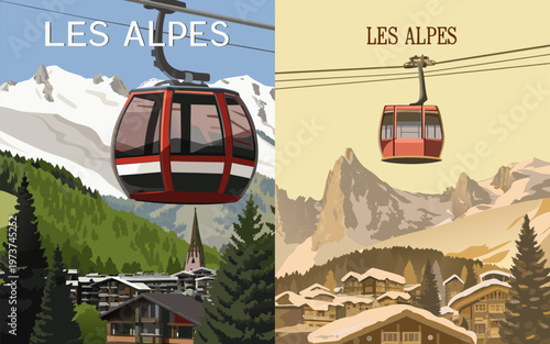 Scenic cable cars gliding over the beautiful alps mountain ranges
