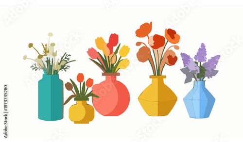 Colorful vase and blooming flower vector set with chamomile tulip poppy and lilac for interior decoration