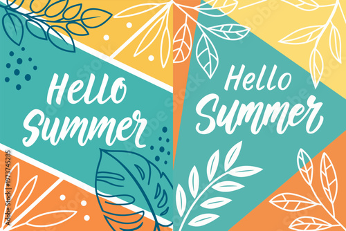 Vibrant summer greeting with artistic leaf designs and pastel colors