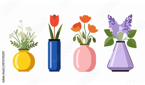 Flat vector vases with chamomile tulip poppy and lilac flowers for colorful interior decoration design