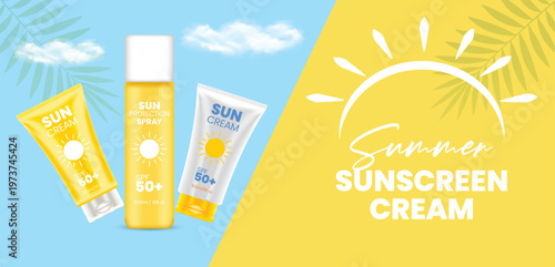 Summer Sunscreen Cream and Summer Cosmetics Products sale banner template for uv protection cosmetic packaging with tropical leaves and sun graphic background for social media promotion banner, cover