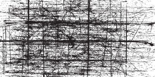Dense grid grunge texture background with chaotic crosshatch lines, creating a highly distressed and industrial overlay effect