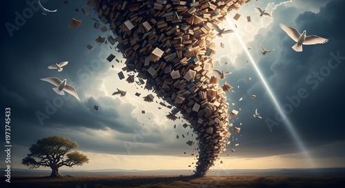 A surreal artistic depiction of a massive swirling tornado featuring contrasting light and shadow