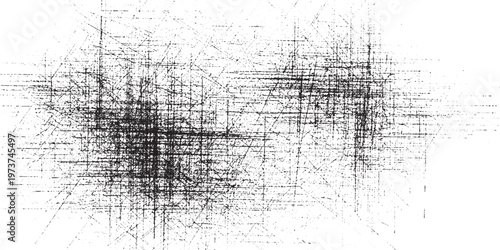 Intense grunge black and white texture background with dense, chaotic intersecting lines and scattered speckles