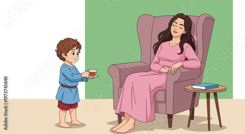 Woman and child in living room.