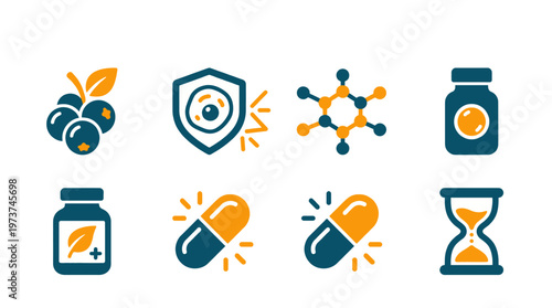 Superfood Antioxidants and Longevity Supplements Icon Set Featuring Berries, Immune Shield, Molecular Structure, and Wellness Capsules