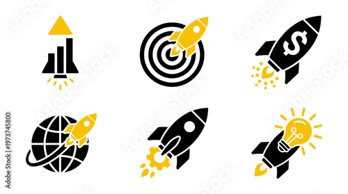 Innovative Business Startup Icon Set Featuring Rocket Launch, Global Expansion, Financial Success, and Creative Achievement Symbols